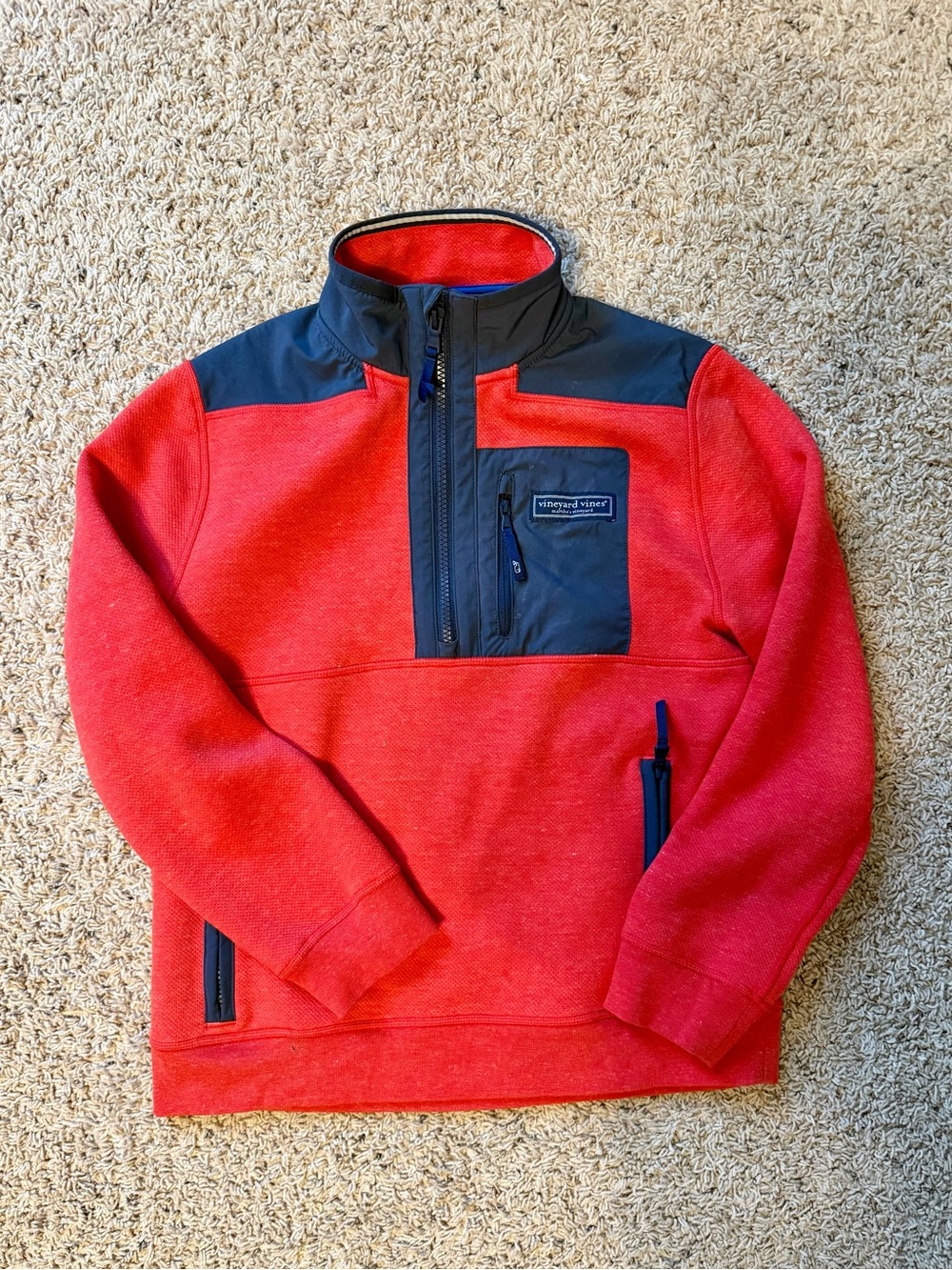 Vineyard Vines Kids Red Quarter Zip Pullover with Navy Trim. Medium.